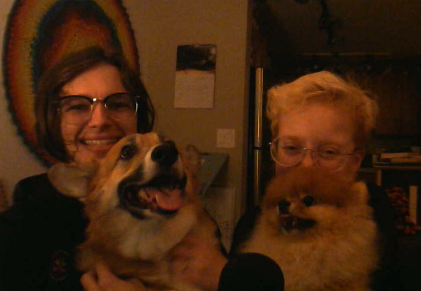 Chloe (left), holding Cheddar (Corgi), sitting with Jennie (Right), holding Missile (Pomeranian)